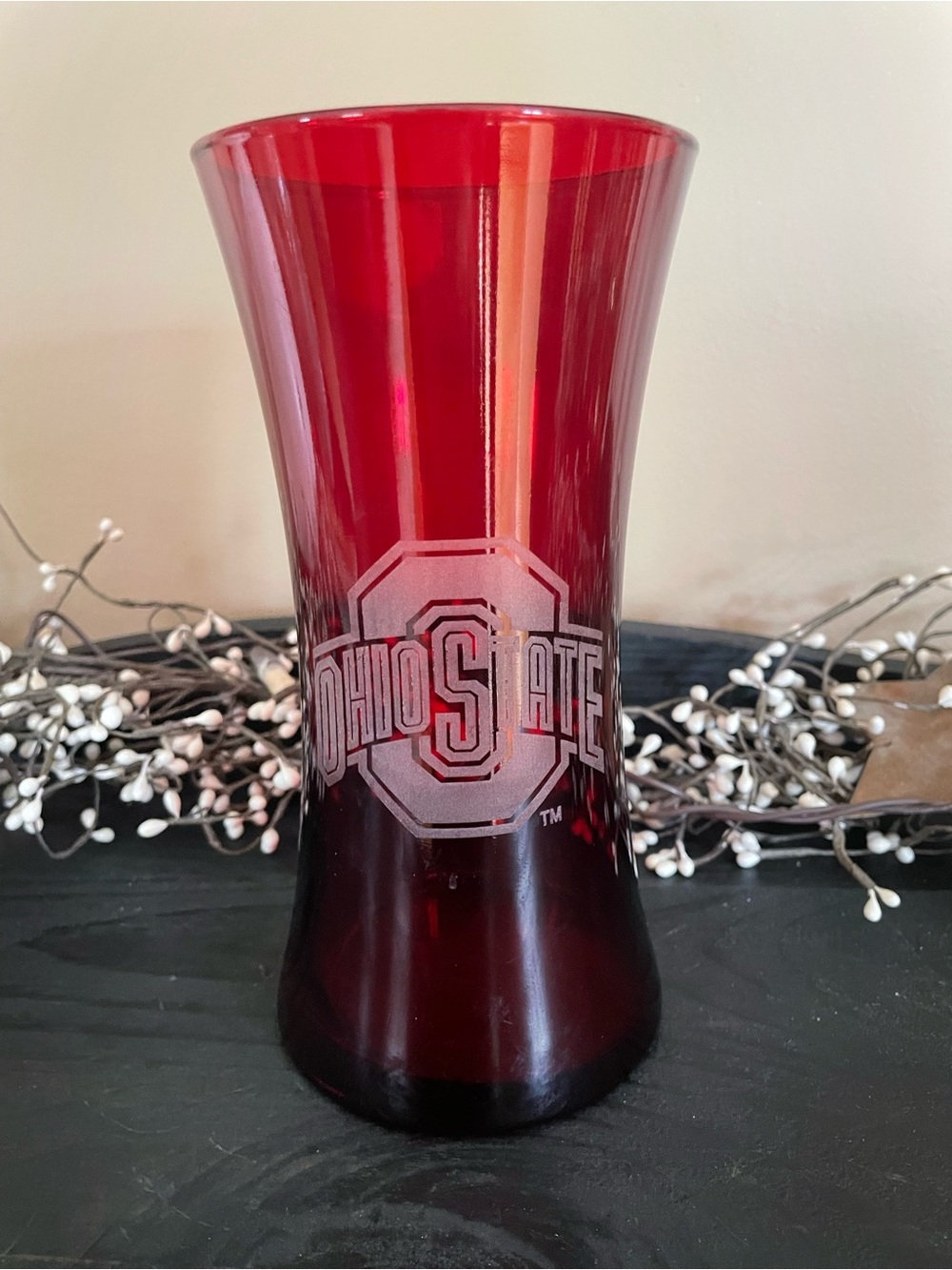 Beautiful Ohio State Red Glass Vase with Etched Logo- 8x4 Inches